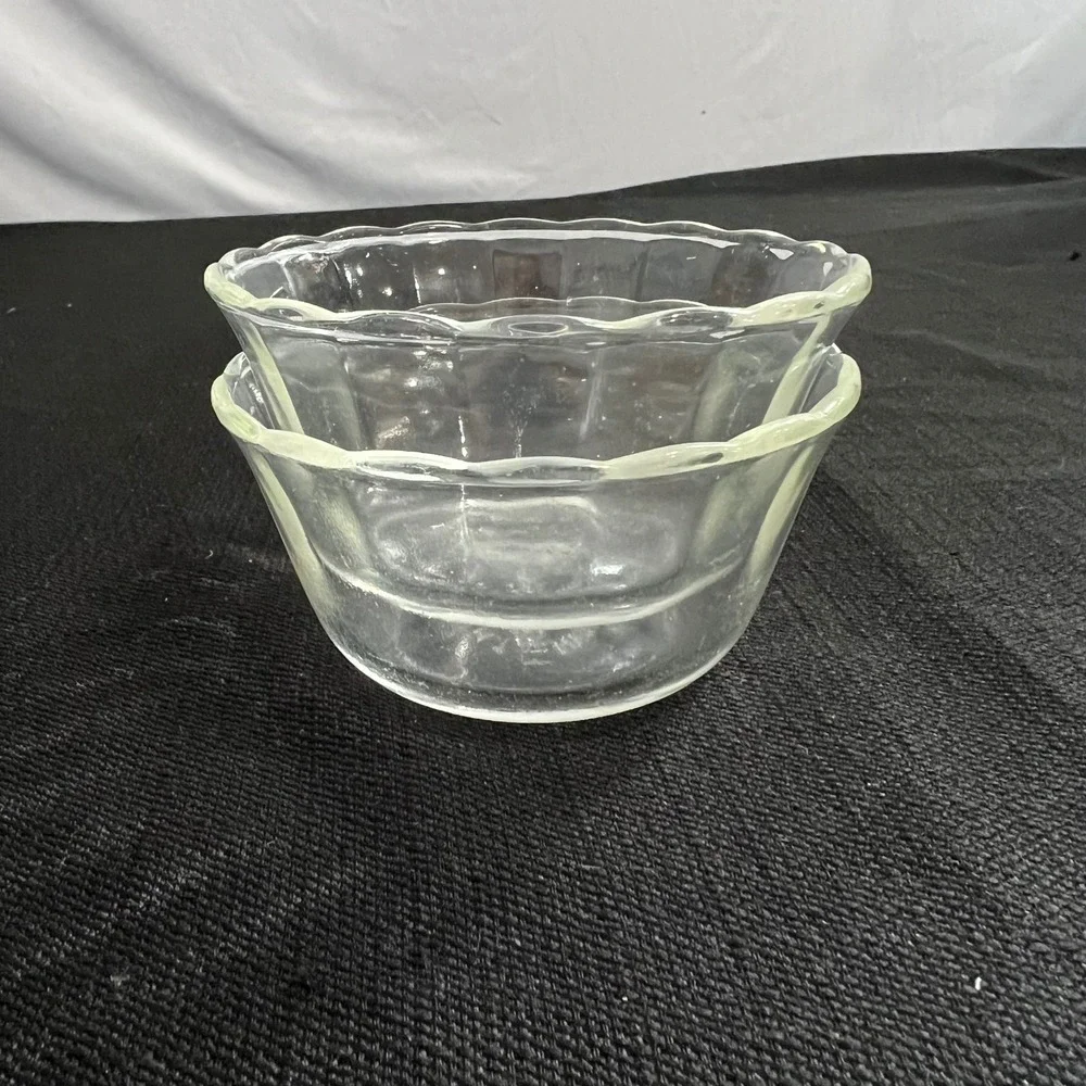 Vintage Fire-King Clear Glass Scalloped 6oz Custard Cups Ramekins Set of 2 USA